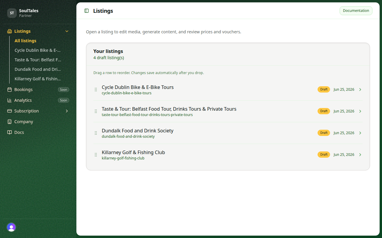 Partner dashboard listings view