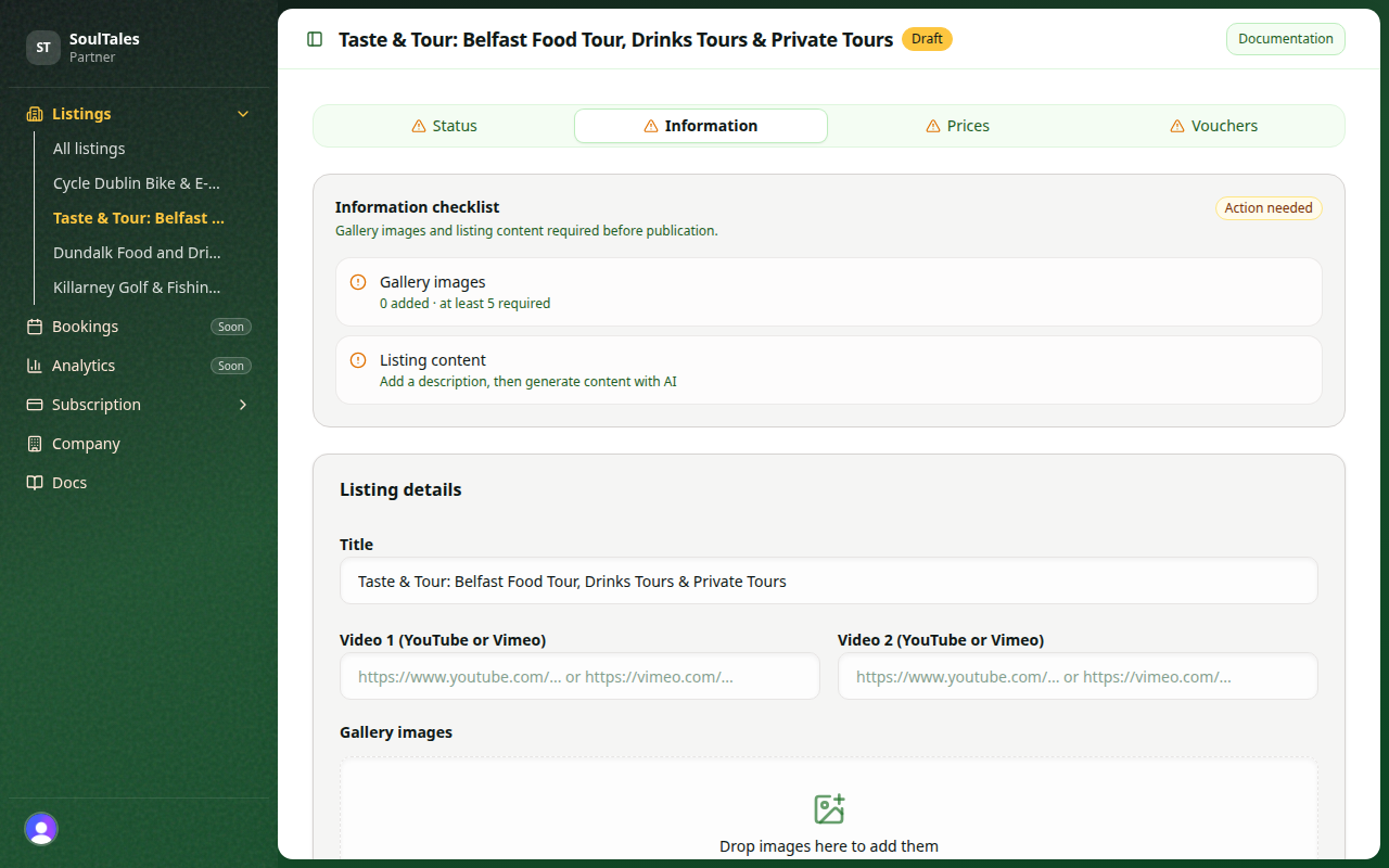 Listing information tab with gallery and content fields