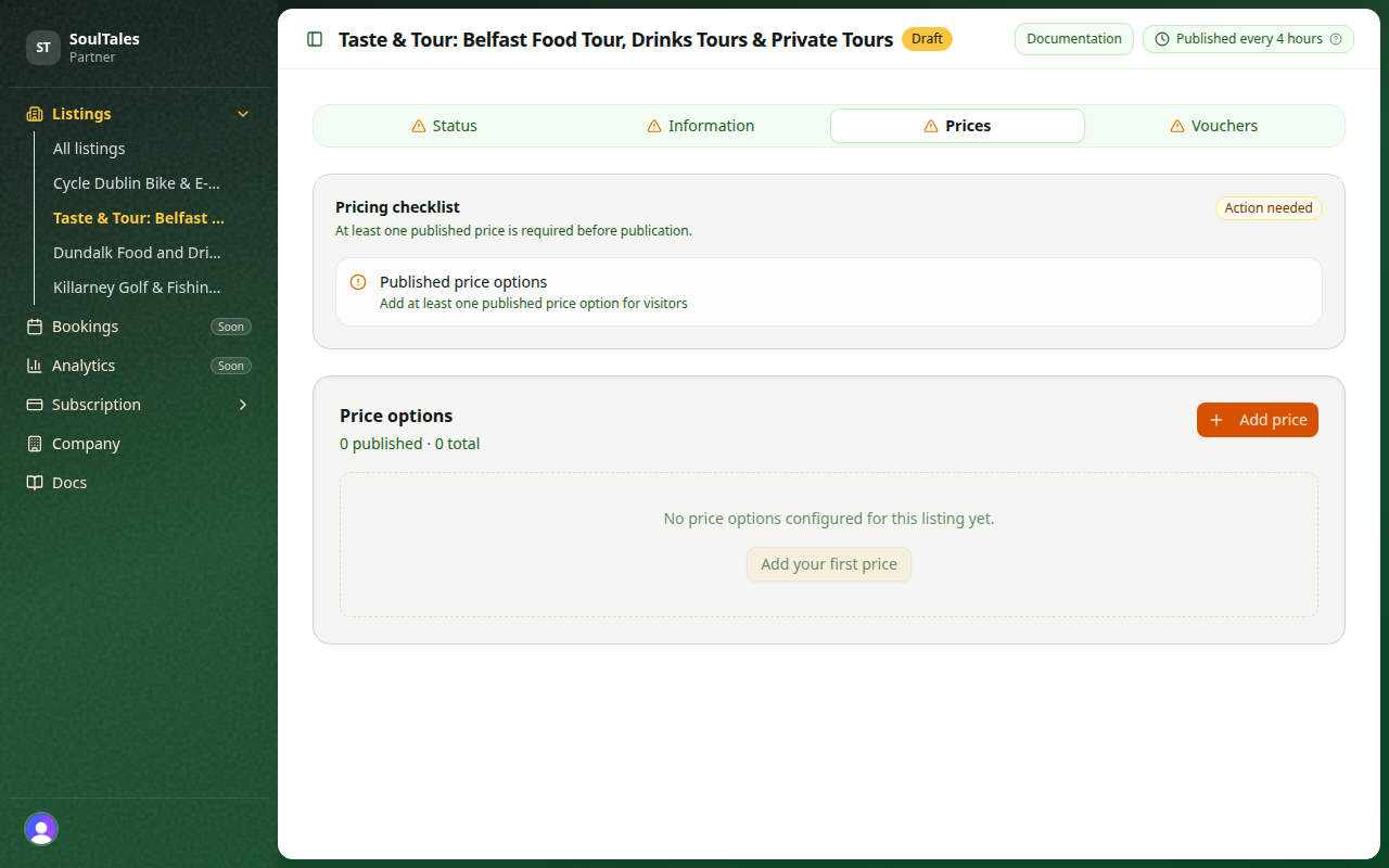 Listing prices tab