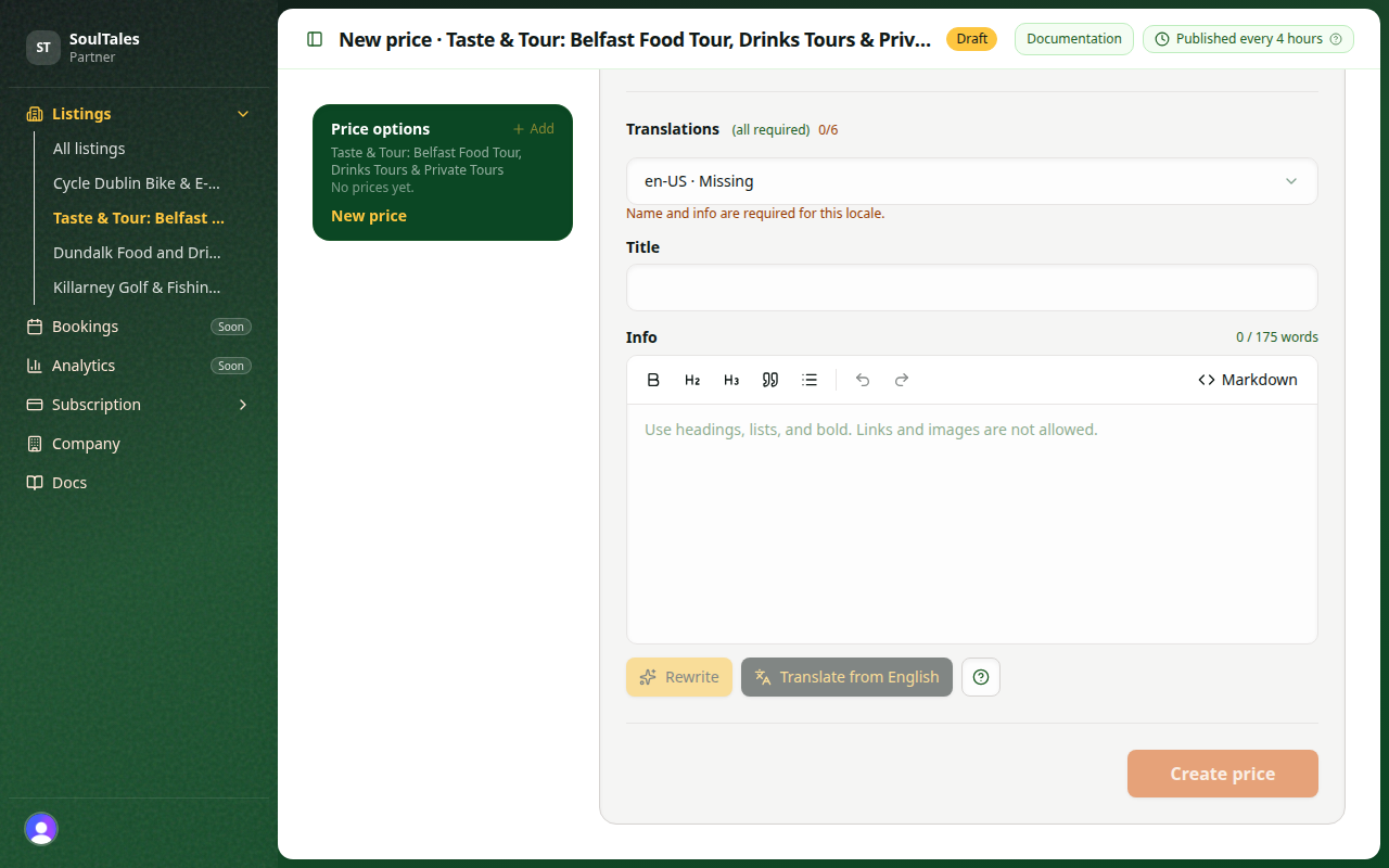 Add price form with Translate from English button