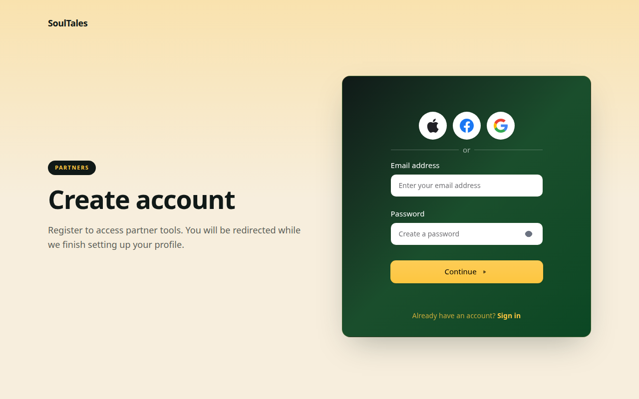 SoulTales partner sign-up screen